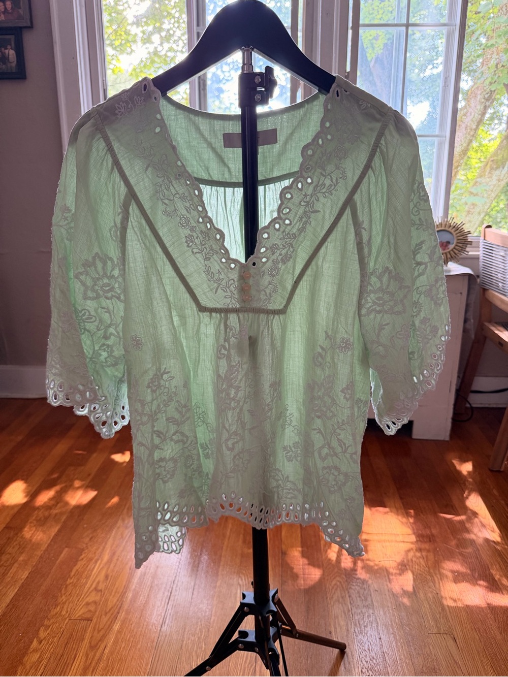 LOFT Mint Green Embroidered Eyelet Peasant Blouse